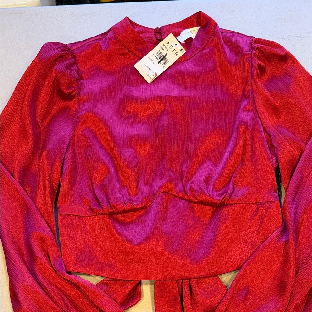Astr Satin Fuchsia Long Sleeve Crop Top, open back with bow tie.